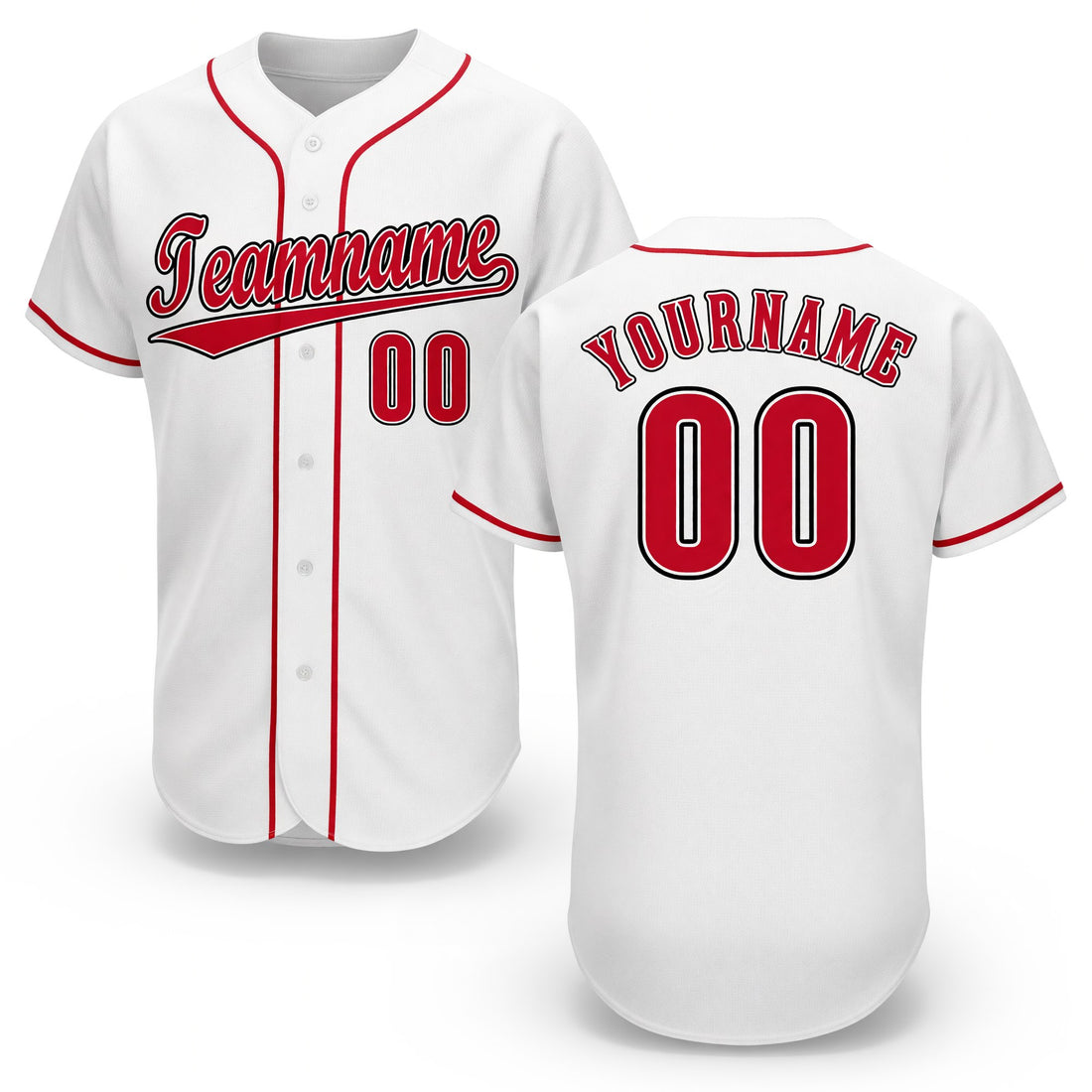 Custom red and white baseball jersey, front and back, with team name and number