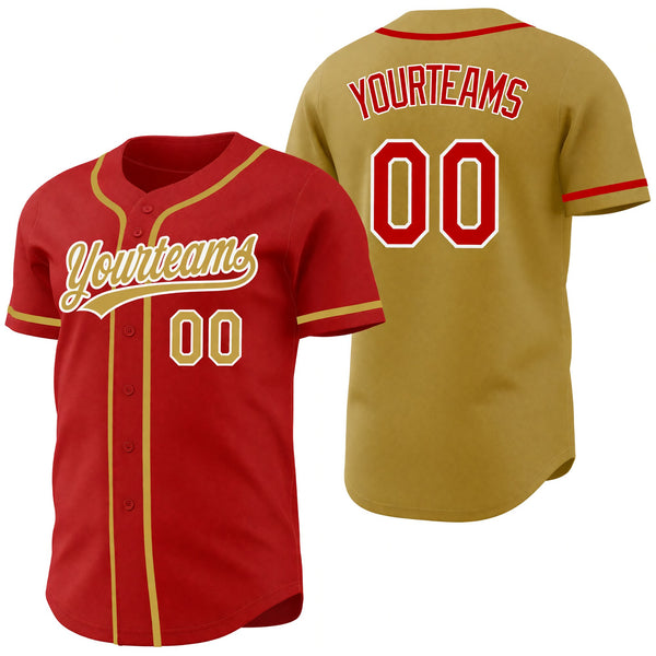 Custom Red Old Gold-White Reversible Button-Down Baseball Jersey