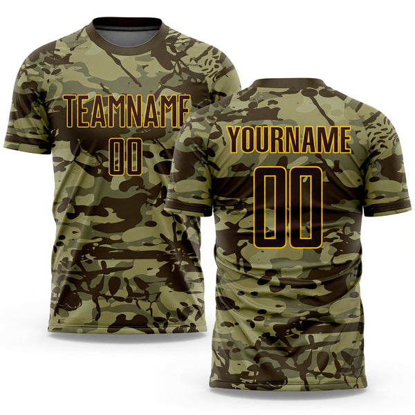 Custom Camo Brown-Gold Sublimation Salute To Service Soccer Uniform Jersey