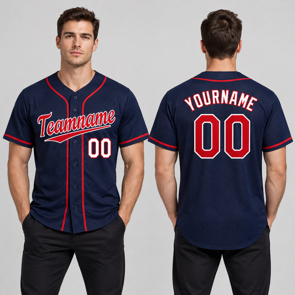 Custom Navy Baseball Jersey with Red and White Lettering Design 0139 worn by male model