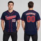 Custom Navy Baseball Jersey with Red and White Lettering Design 0139 worn by male model