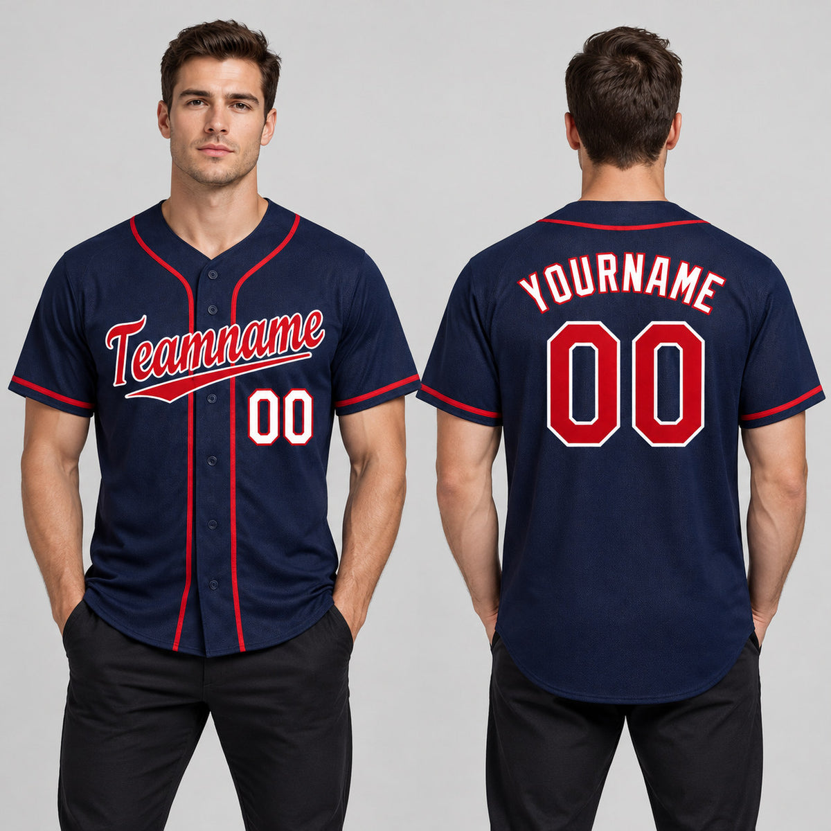 Custom Navy Baseball Jersey with Red and White Lettering Design 0139 worn by male model