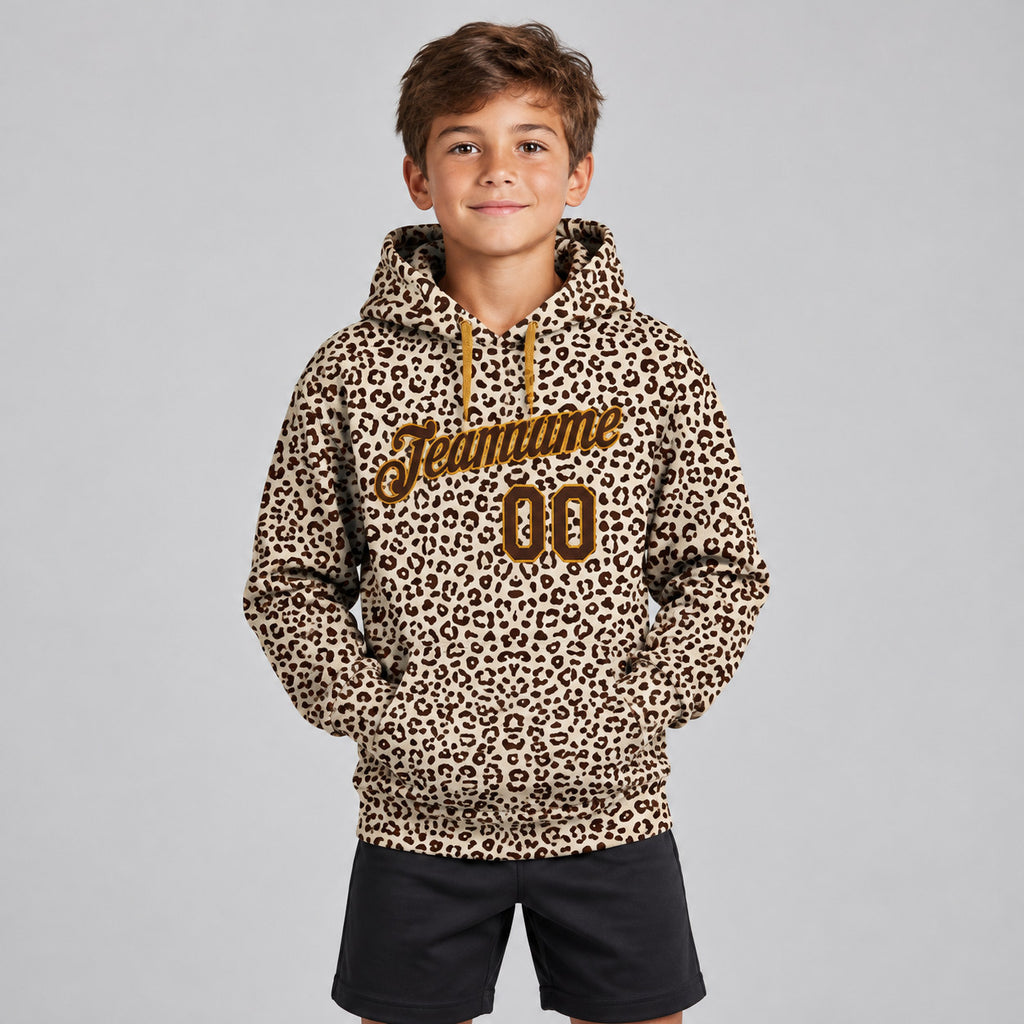 Custom Brown Leopard Pullover Hoodie with Brown and Old Gold Lettering Design 0069 youth size worn by child model