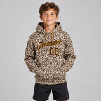 Custom Brown Leopard Pullover Hoodie with Brown and Old Gold Lettering Design 0069 youth size worn by child model
