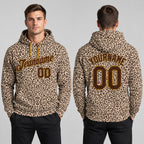 Custom Brown Leopard Pullover Hoodie with Brown and Old Gold Lettering Design 0069 worn by male model