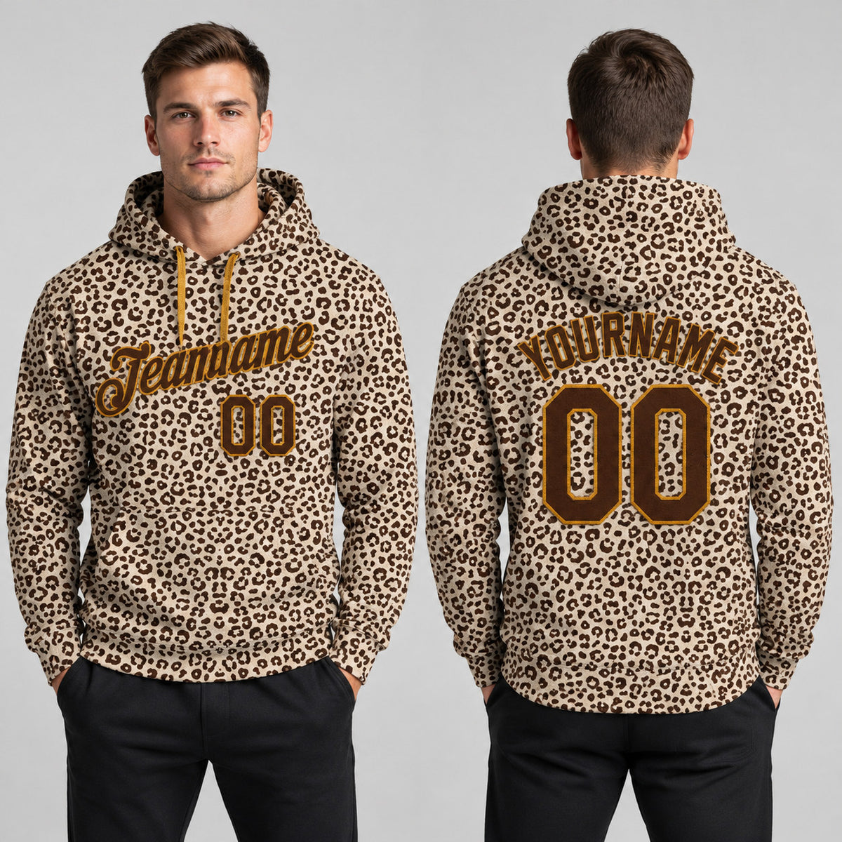 Custom Brown Leopard Pullover Hoodie with Brown and Old Gold Lettering Design 0069 worn by male model