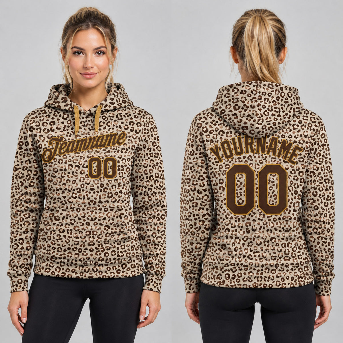 Custom Brown Leopard Pullover Hoodie with Brown and Old Gold Lettering Design 0069 worn by female model