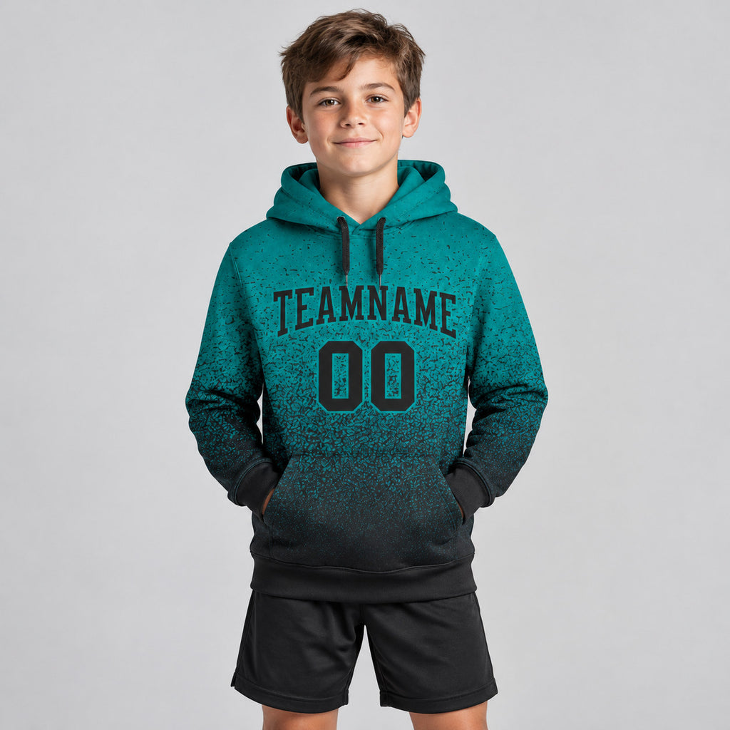 Custom Aqua Fade Pullover Hoodie with Black Lettering youth size worn by child model