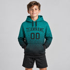 Custom Aqua Fade Pullover Hoodie with Black Lettering youth size worn by child model