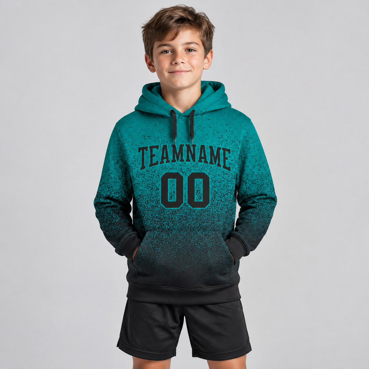 Custom Aqua Fade Pullover Hoodie with Black Lettering youth size worn by child model