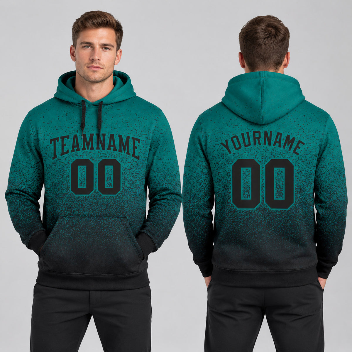 Custom Aqua Fade Pullover Hoodie with Black Lettering worn by male model