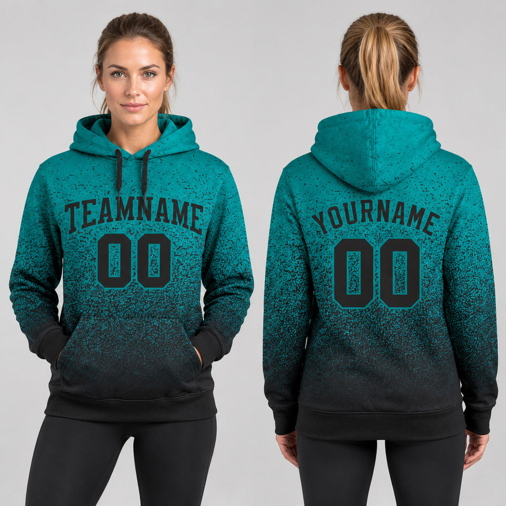 Custom Aqua Fade Pullover Hoodie with Black Lettering worn by female model
