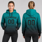 Custom Aqua Fade Pullover Hoodie with Black Lettering worn by female model