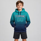 Custom Aqua Fade Pullover Hoodie with Gray and Navy Lettering youth size worn by child model
