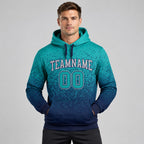 Custom Aqua Fade Pullover Hoodie with Gray and Navy Lettering worn by male model