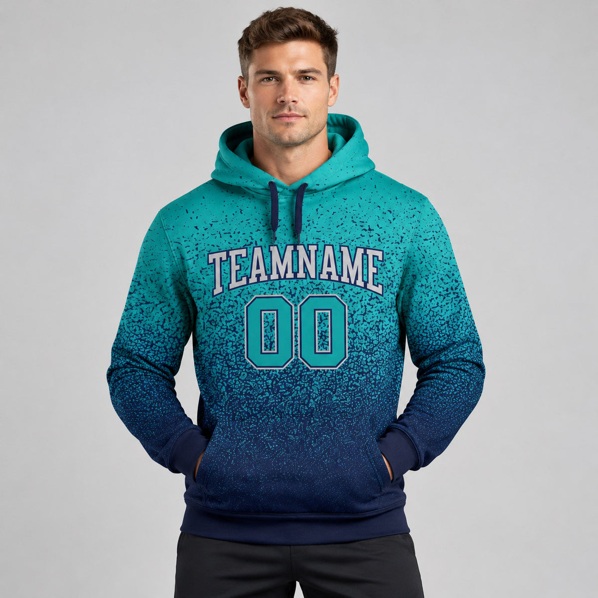 Custom Aqua Fade Pullover Hoodie with Gray and Navy Lettering worn by male model