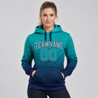 Custom Aqua Fade Pullover Hoodie with Gray and Navy Lettering worn by female model