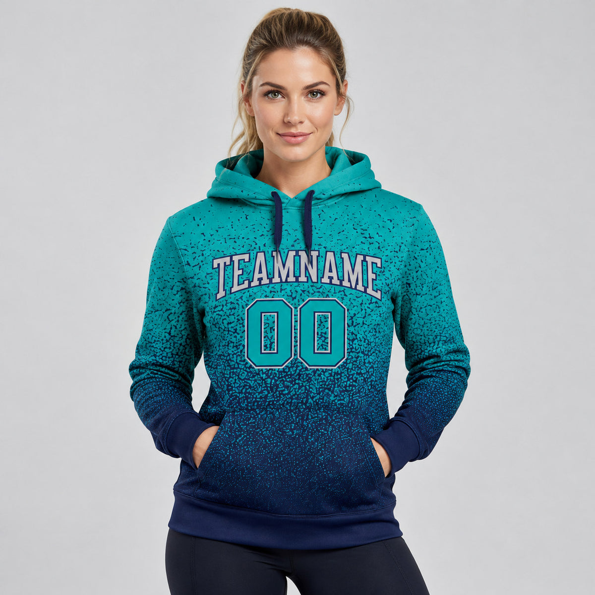 Custom Aqua Fade Pullover Hoodie with Gray and Navy Lettering worn by female model