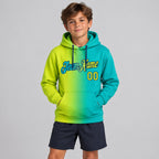 Custom Aqua Gradient Pullover Hoodie with Neon Yellow and Navy Lettering youth size worn by child model