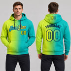 Custom Aqua Gradient Pullover Hoodie with Neon Yellow and Navy Lettering worn by male model