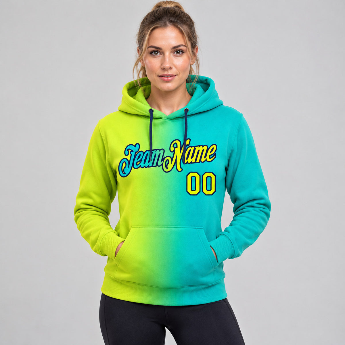 Custom Aqua Gradient Pullover Hoodie with Neon Yellow and Navy Lettering worn by female model
