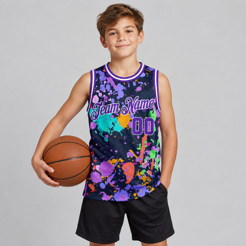 Custom Purple and White Graffiti Splashes Authentic Basketball Jersey youth size worn by child model