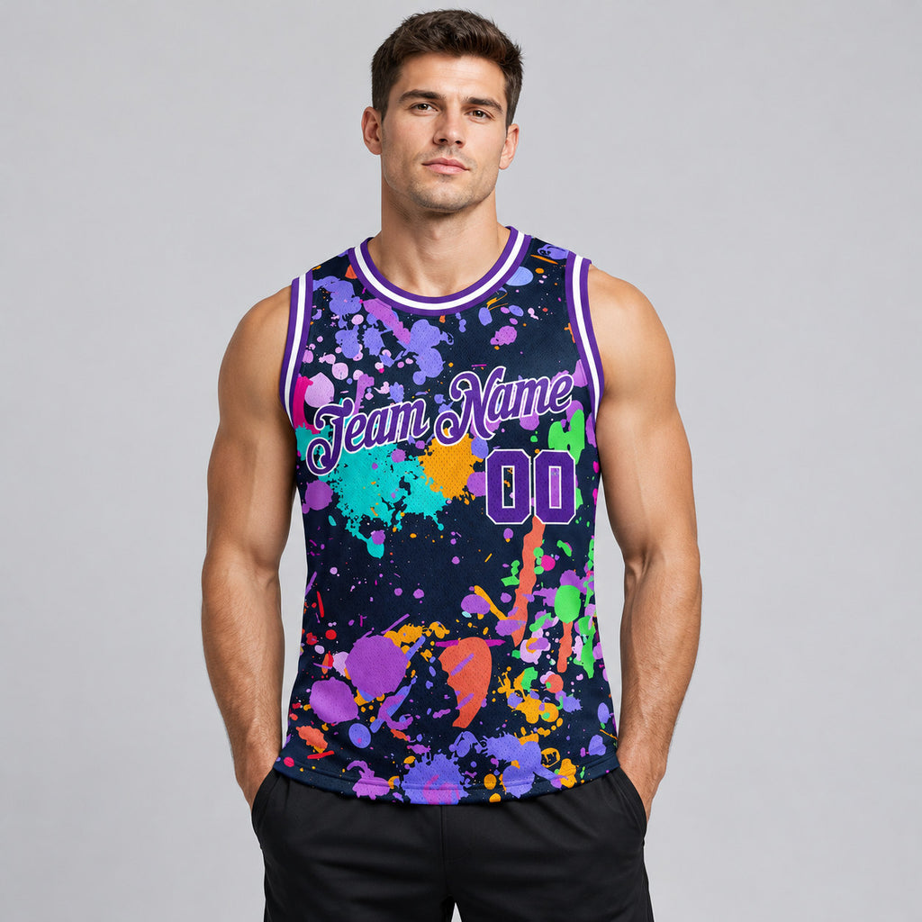 Custom Purple and White Graffiti Splashes Authentic Basketball Jersey worn by male model
