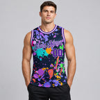 Custom Purple and White Graffiti Splashes Authentic Basketball Jersey worn by male model
