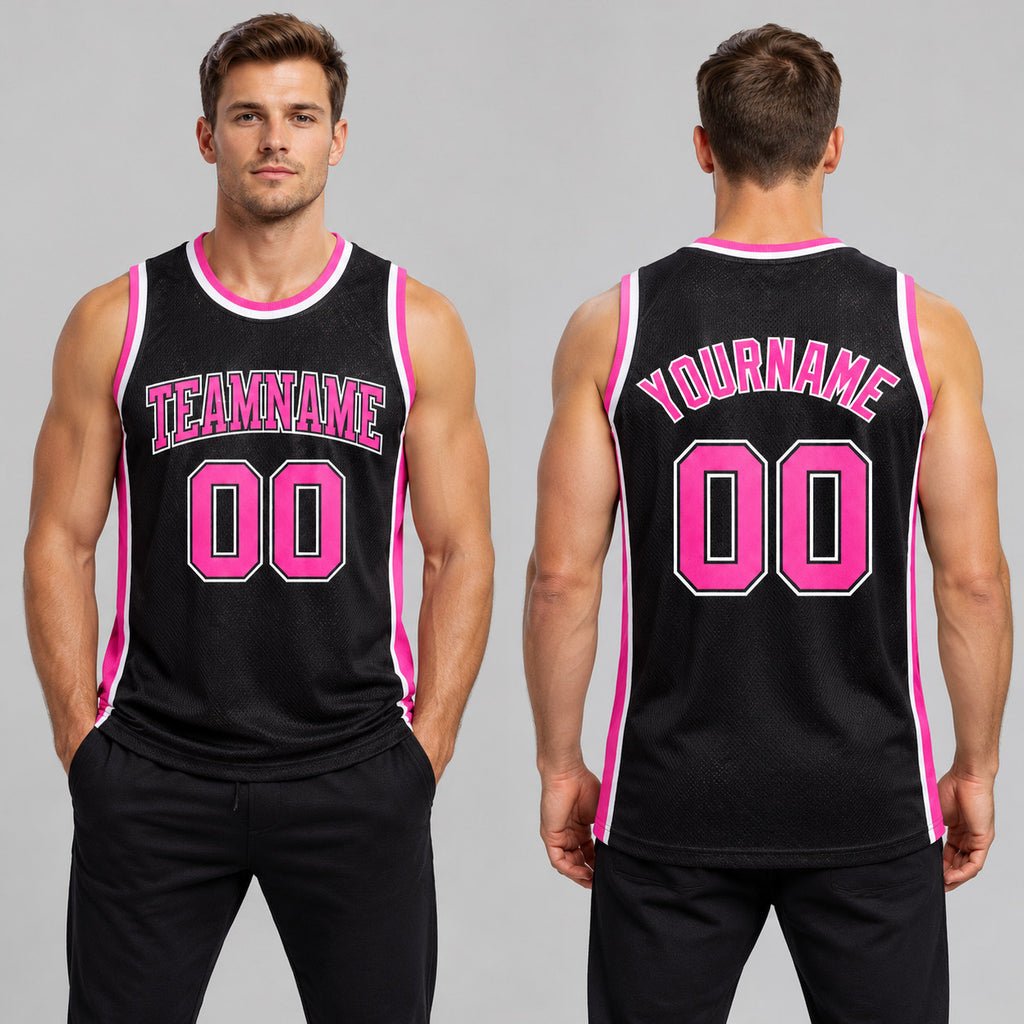Custom Black Authentic Throwback Basketball Jersey with Pink and White Lettering worn by male model