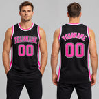 Custom Black Authentic Throwback Basketball Jersey with Pink and White Lettering worn by male model