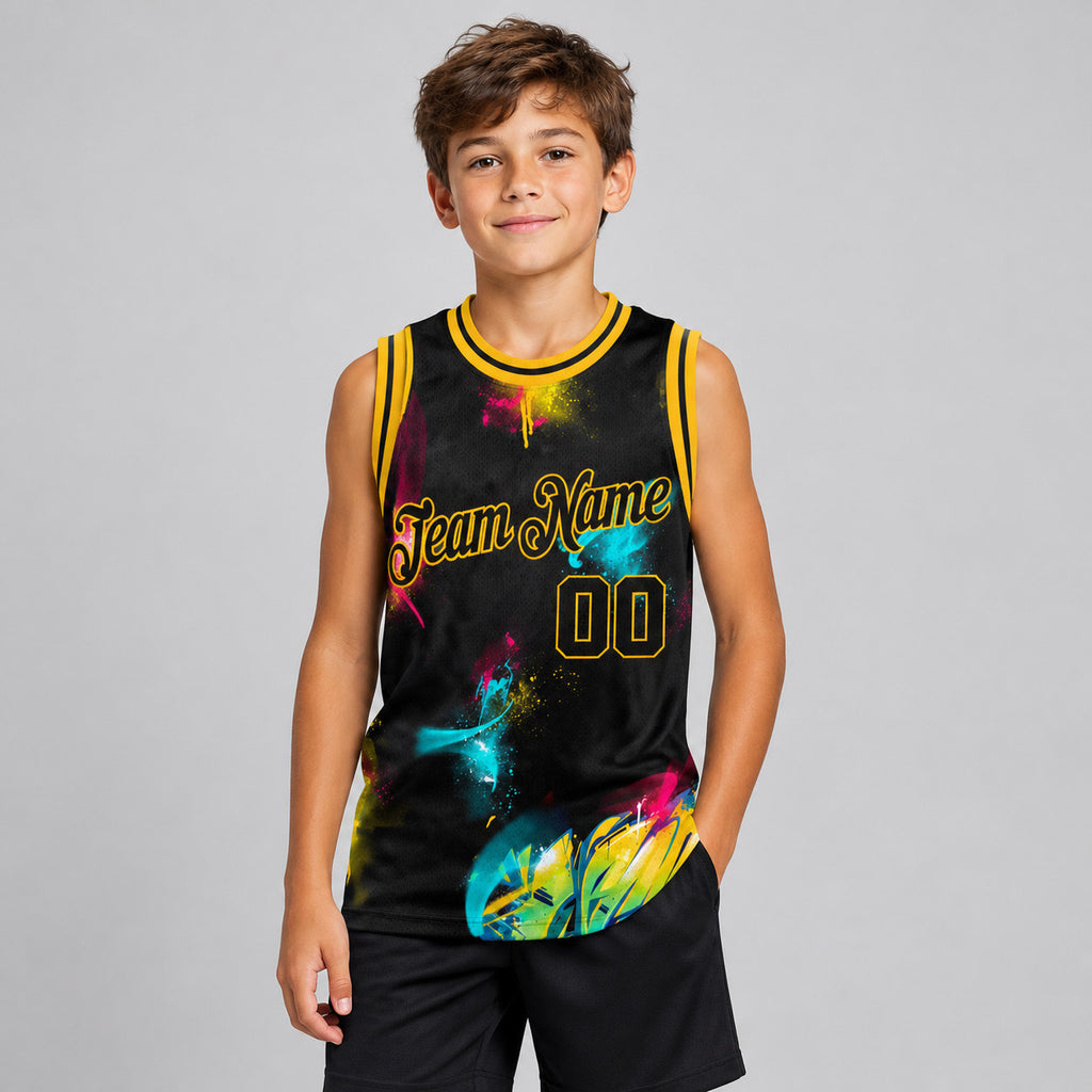 Custom Black and Gold Graffiti Authentic Basketball Jersey youth size worn by child model