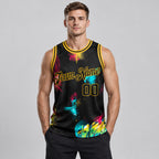 Custom Black and Gold Graffiti Authentic Basketball Jersey worn by male model