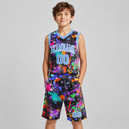 Custom Light Blue and White Graffiti Round Neck Sublimated Basketball Jersey youth size worn by child model
