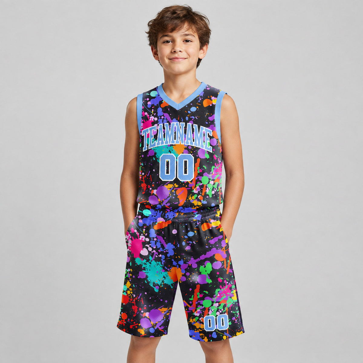 Custom Light Blue and White Graffiti Round Neck Sublimated Basketball Jersey youth size worn by child model