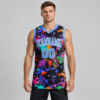 Custom Light Blue and White Graffiti Round Neck Sublimated Basketball Jersey worn by male model