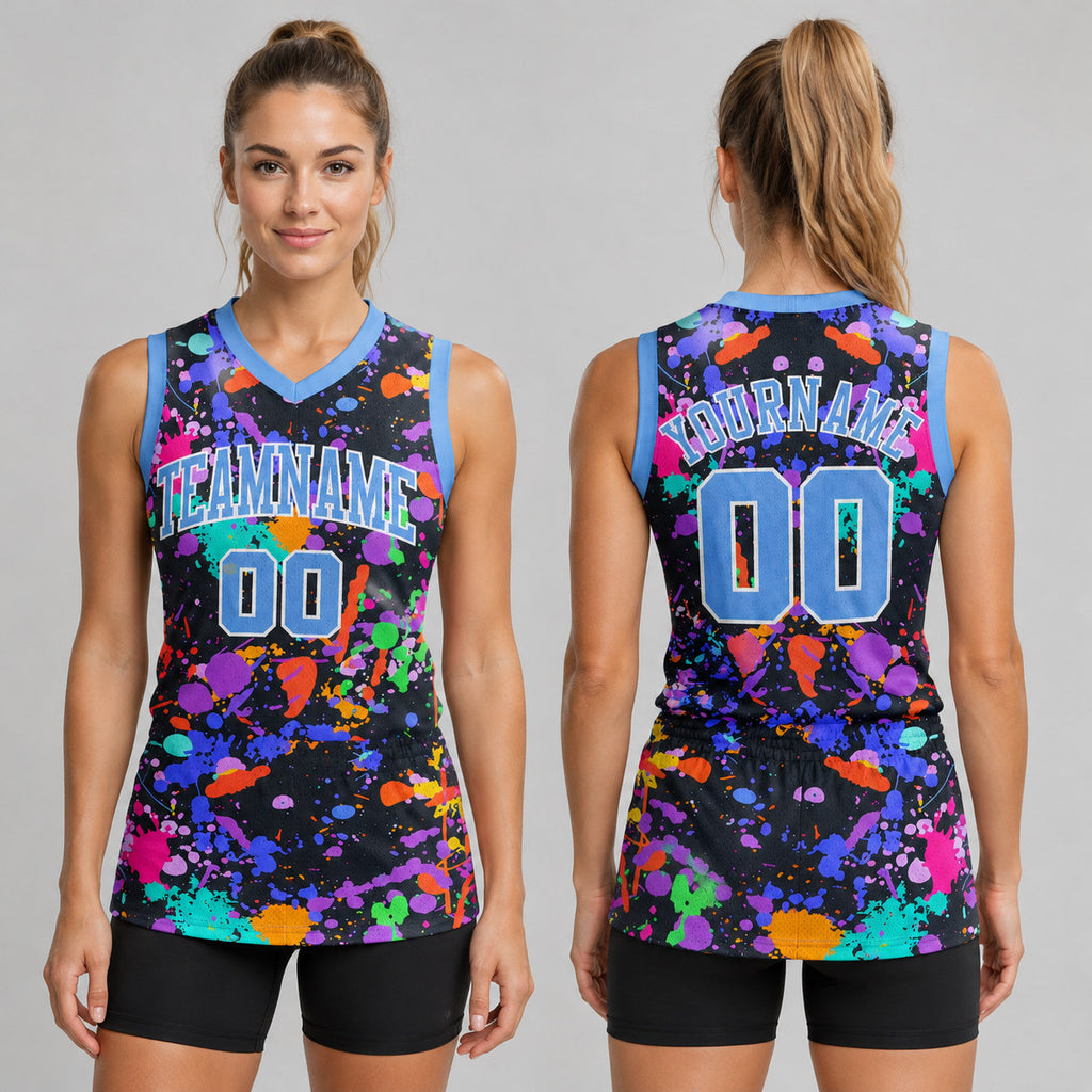 Custom Light Blue and White Graffiti Round Neck Sublimated Basketball Jersey worn by female model