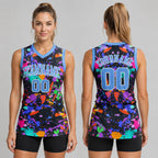 Custom Light Blue and White Graffiti Round Neck Sublimated Basketball Jersey worn by female model