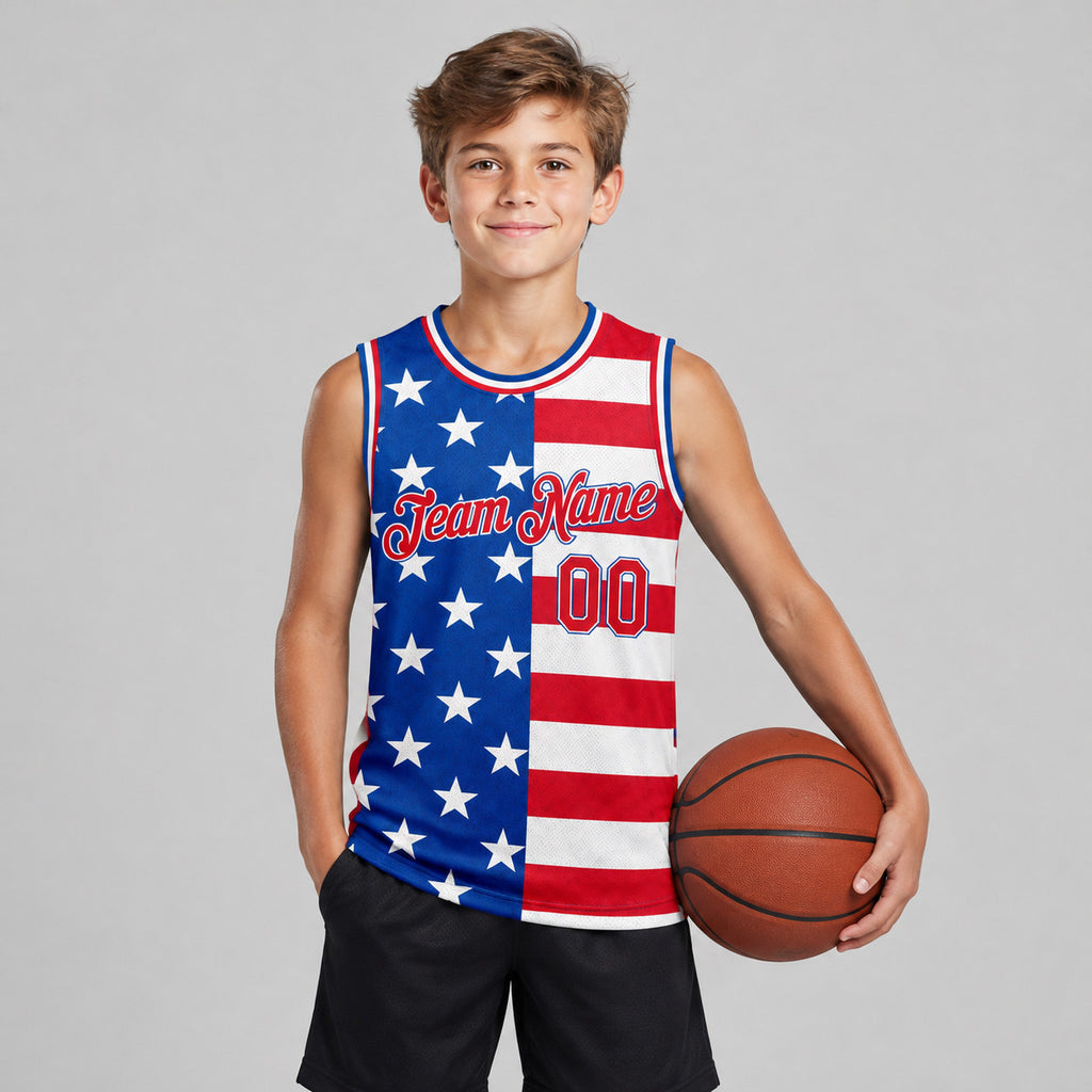 Custom Royal American Flag Authentic Basketball Jersey with Red and White Lettering Design 0290 youth size worn by child model
