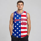 Custom Royal American Flag Authentic Basketball Jersey with Red and White Lettering Design 0290 worn by male model