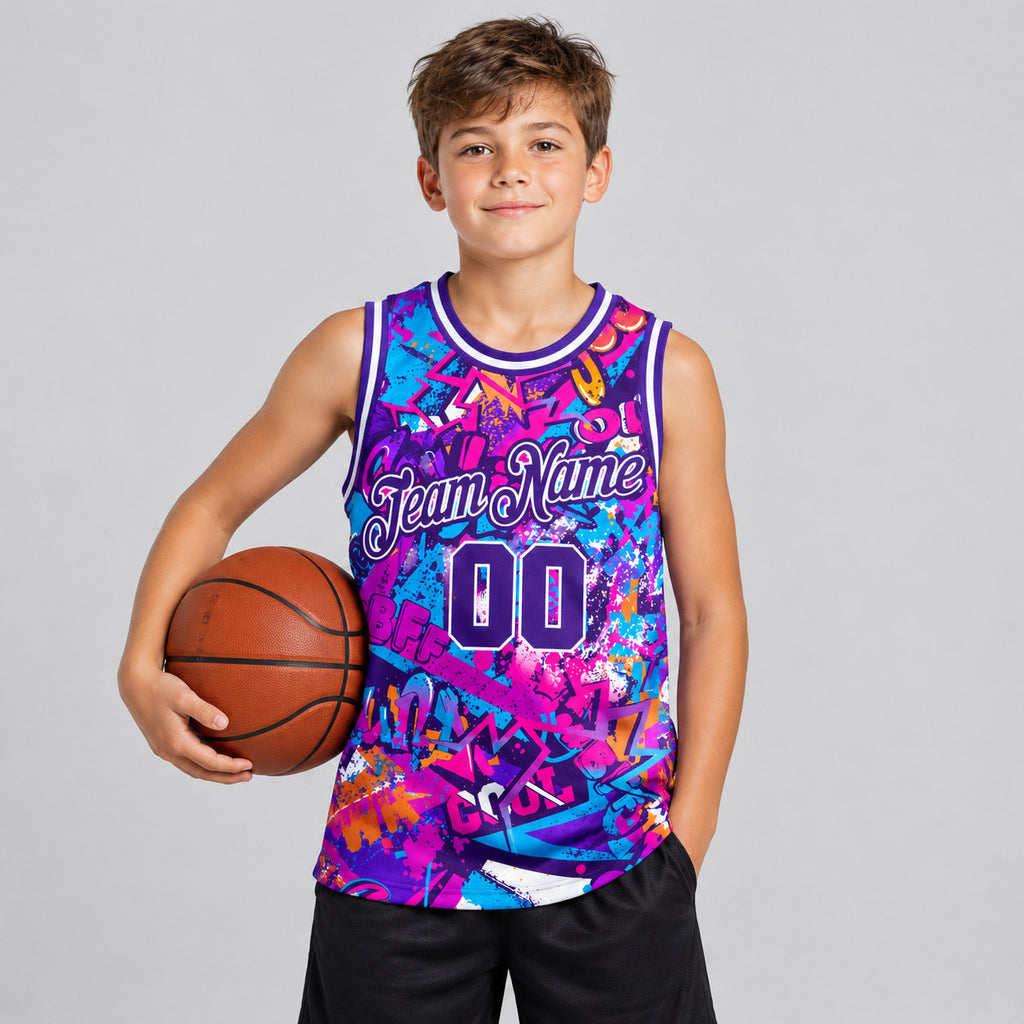 Custom Purple and White Graffiti Words Authentic Basketball Jersey youth size worn by child model