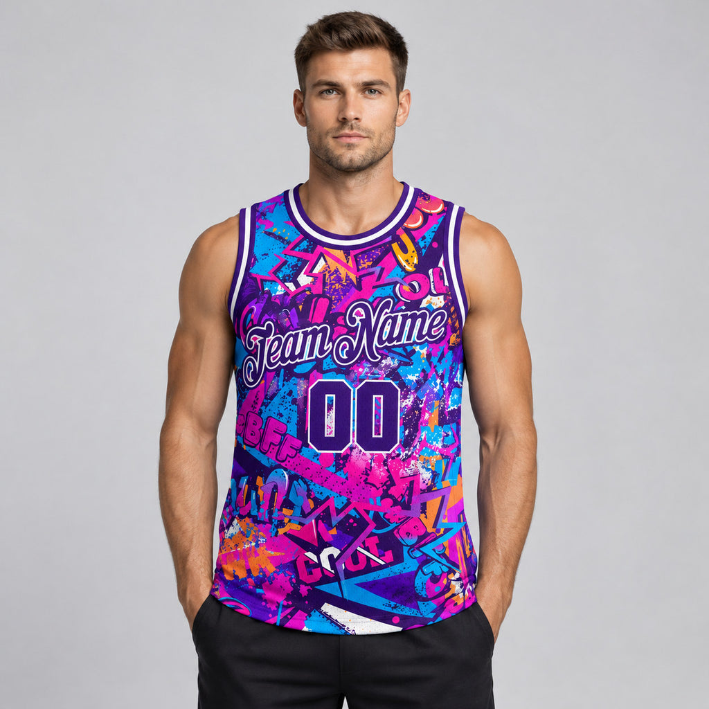Custom Purple and White Graffiti Words Authentic Basketball Jersey worn by male model