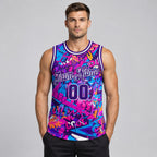 Custom Purple and White Graffiti Words Authentic Basketball Jersey worn by male model