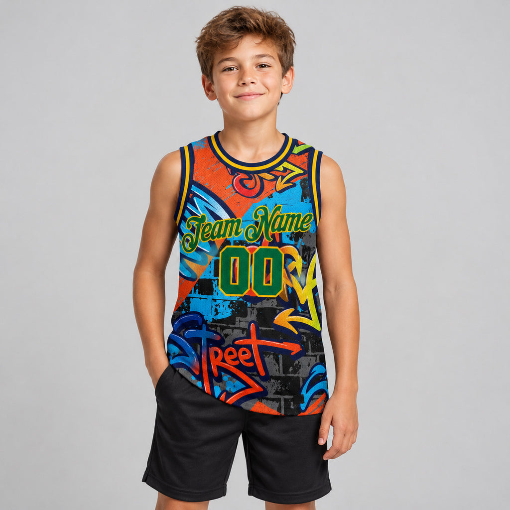 Custom Kelly Green and Gold Graffiti Geometric Authentic Basketball Jersey youth size worn by child model