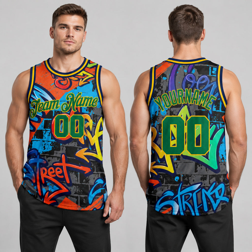 Custom Kelly Green and Gold Graffiti Geometric Authentic Basketball Jersey worn by male model