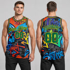 Custom Kelly Green and Gold Graffiti Geometric Authentic Basketball Jersey worn by male model