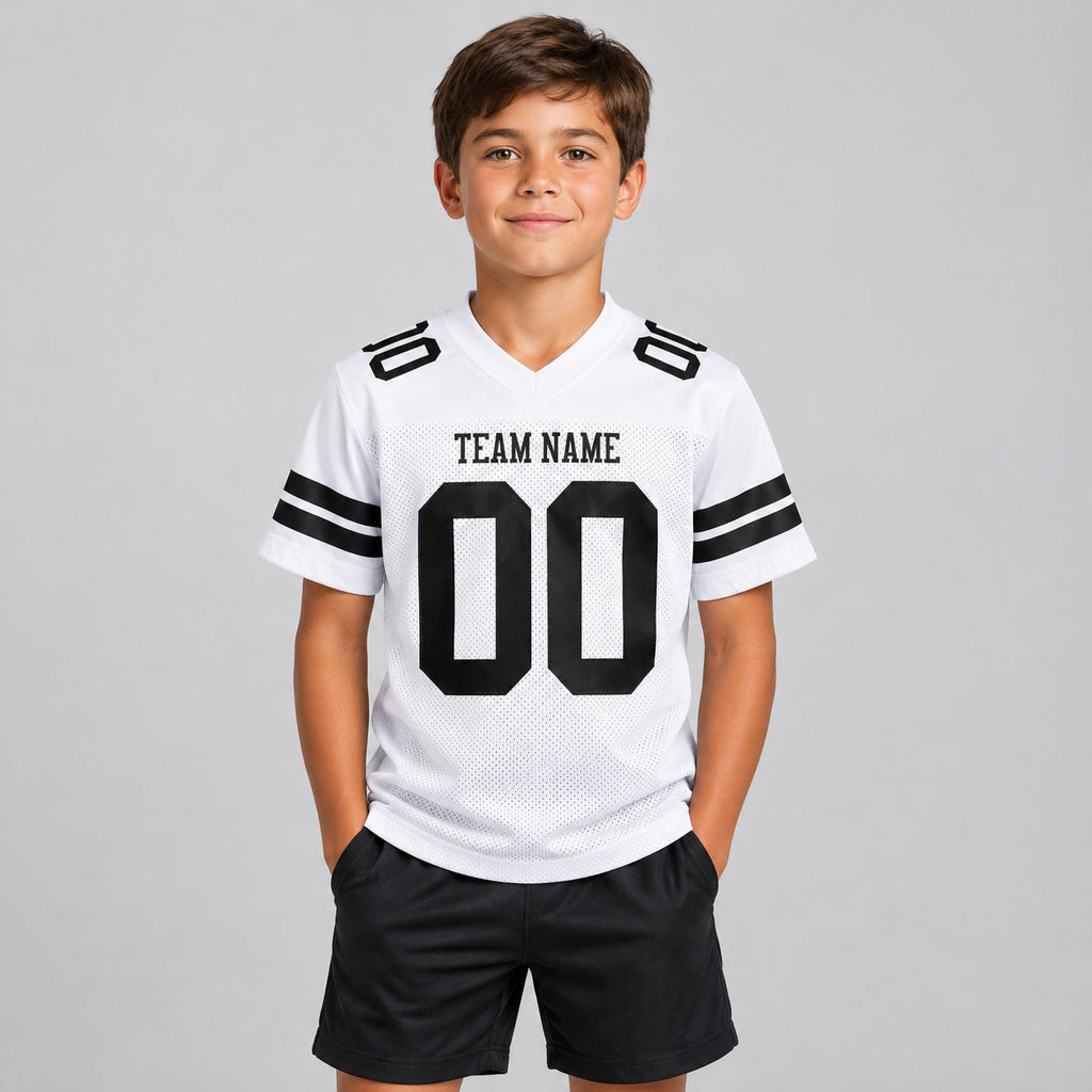 Custom White Mesh Authentic Football Jersey with Black Lettering Design 0635 youth size worn by child model