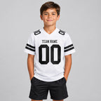 Custom White Mesh Authentic Football Jersey with Black Lettering Design 0635 youth size worn by child model