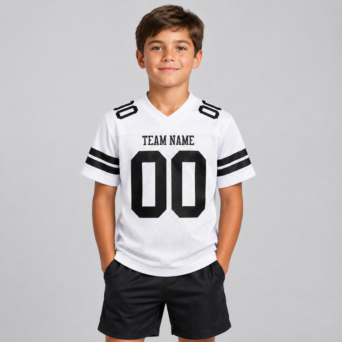 Custom White Mesh Authentic Football Jersey with Black Lettering Design 0635 youth size worn by child model
