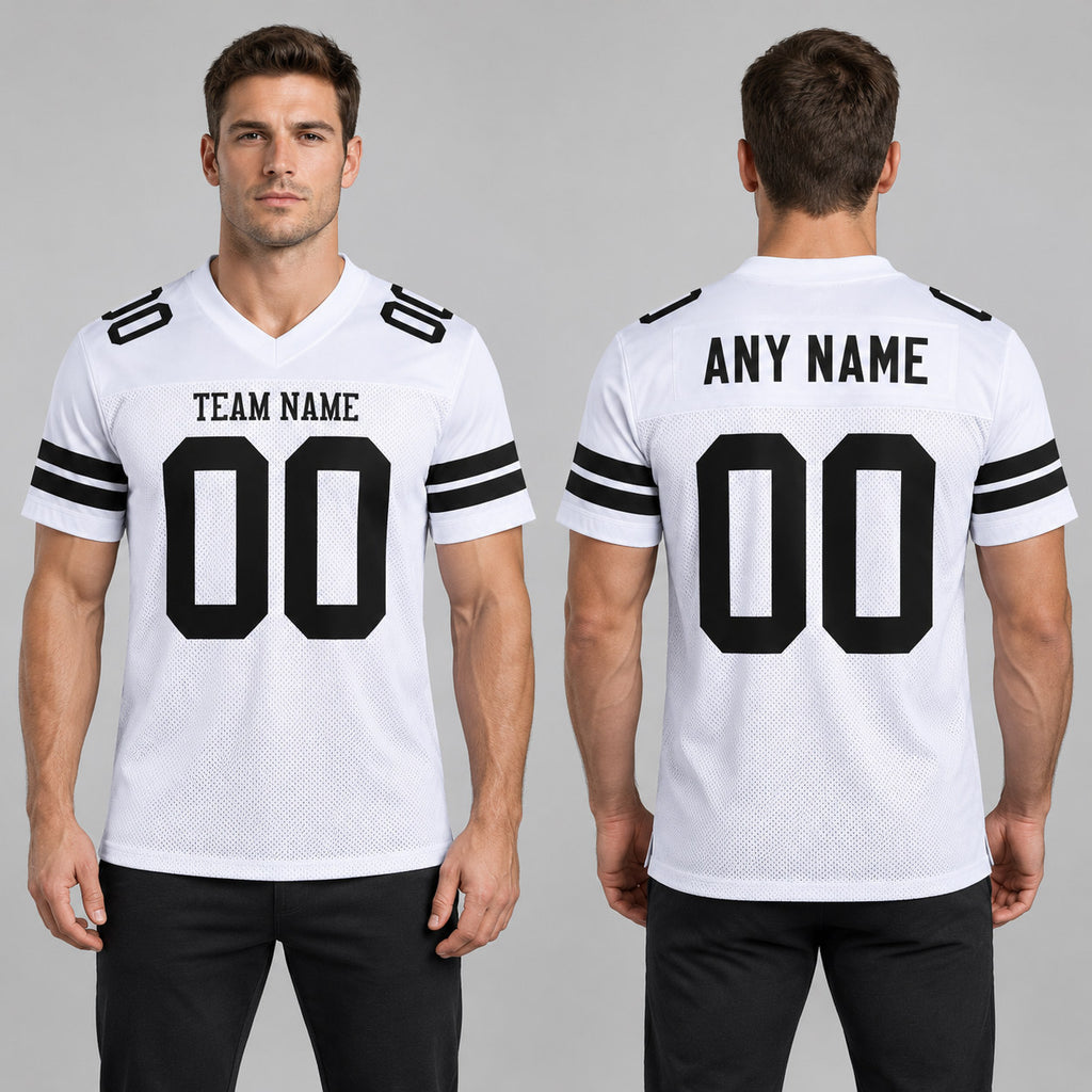 Custom White Mesh Authentic Football Jersey with Black Lettering Design 0635 worn by male model