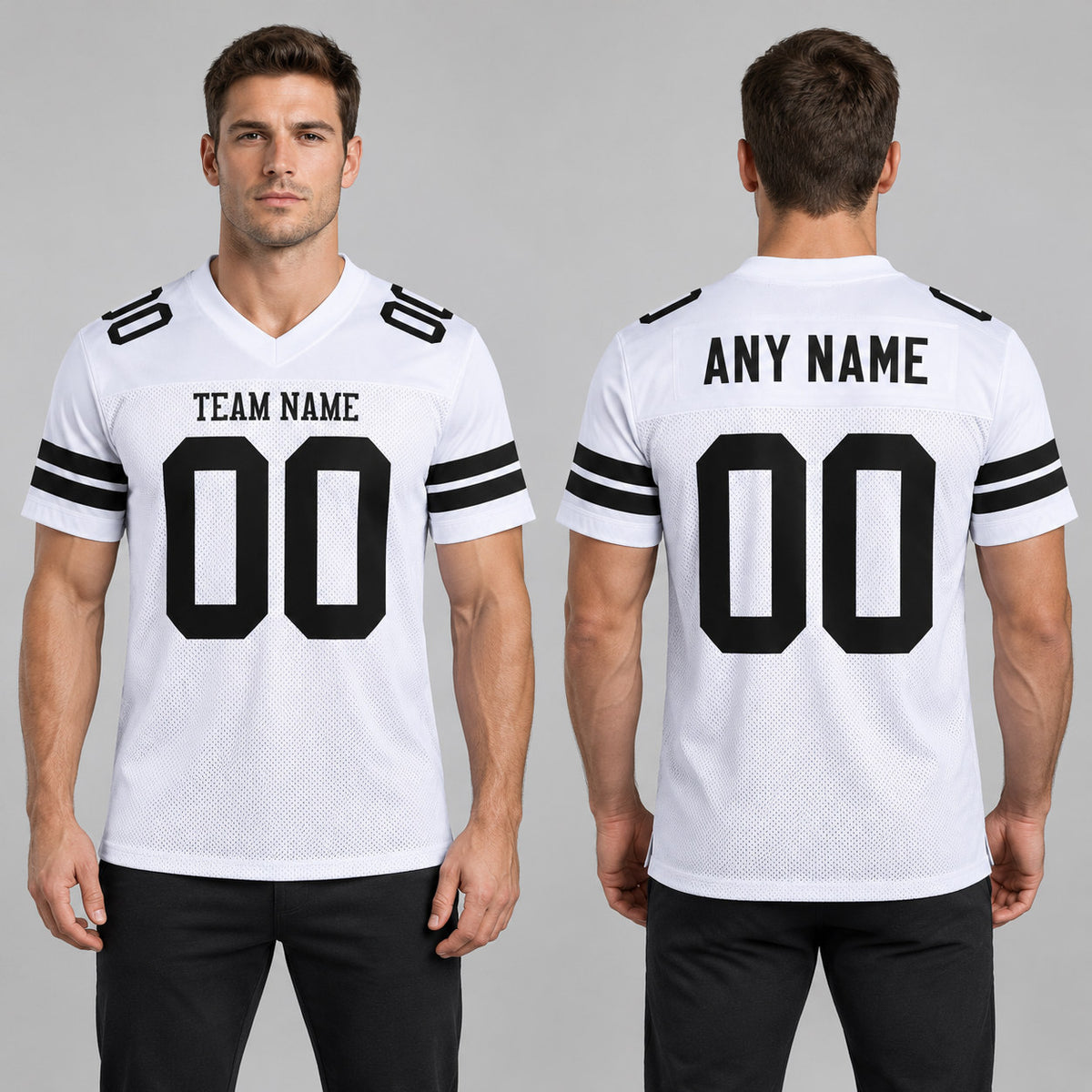 Custom White Mesh Authentic Football Jersey with Black Lettering Design 0635 worn by male model